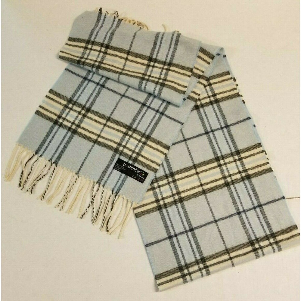 Cashmink V. Fraas Scarf Plaid Blue Black White Fringe Made in Germany‎